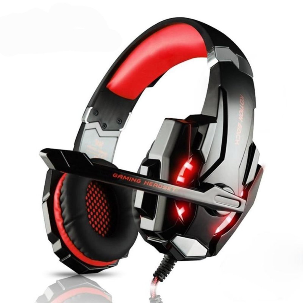 Gaming headset with red and black design on a white background