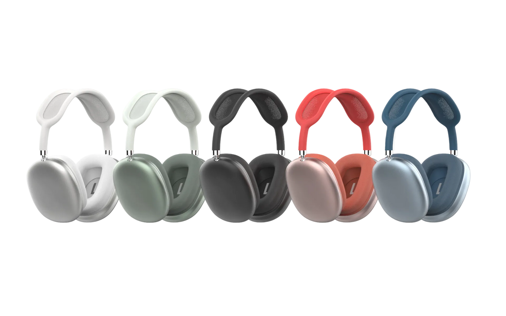 Set of six pairs of headphones in different colors on a white background