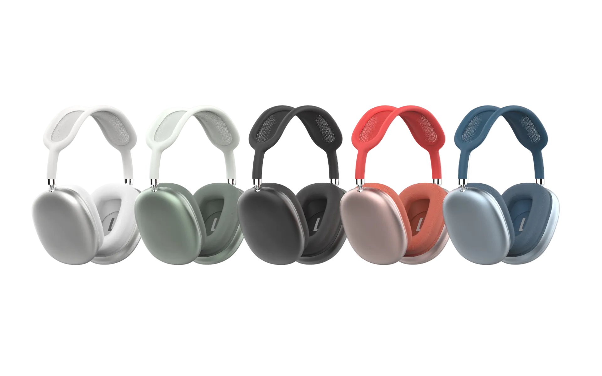 Set of six pairs of headphones in different colors on a white background
