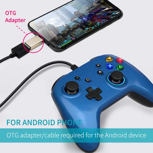 Blue gaming controller connected to a smartphone with an OTG adapter, on a light gray background.