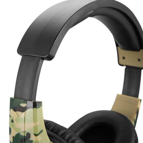 Close-up of a pair of headphones with camouflage design on the ear cups.