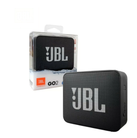 Black JBL GO 2 Bluetooth speaker with packaging on a white background