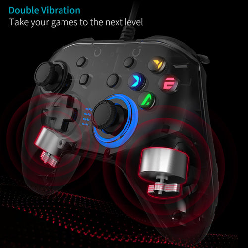Gaming controller with colorful buttons on a black background, featuring text 'Double Vibration' and 'Take your games to the next level'.