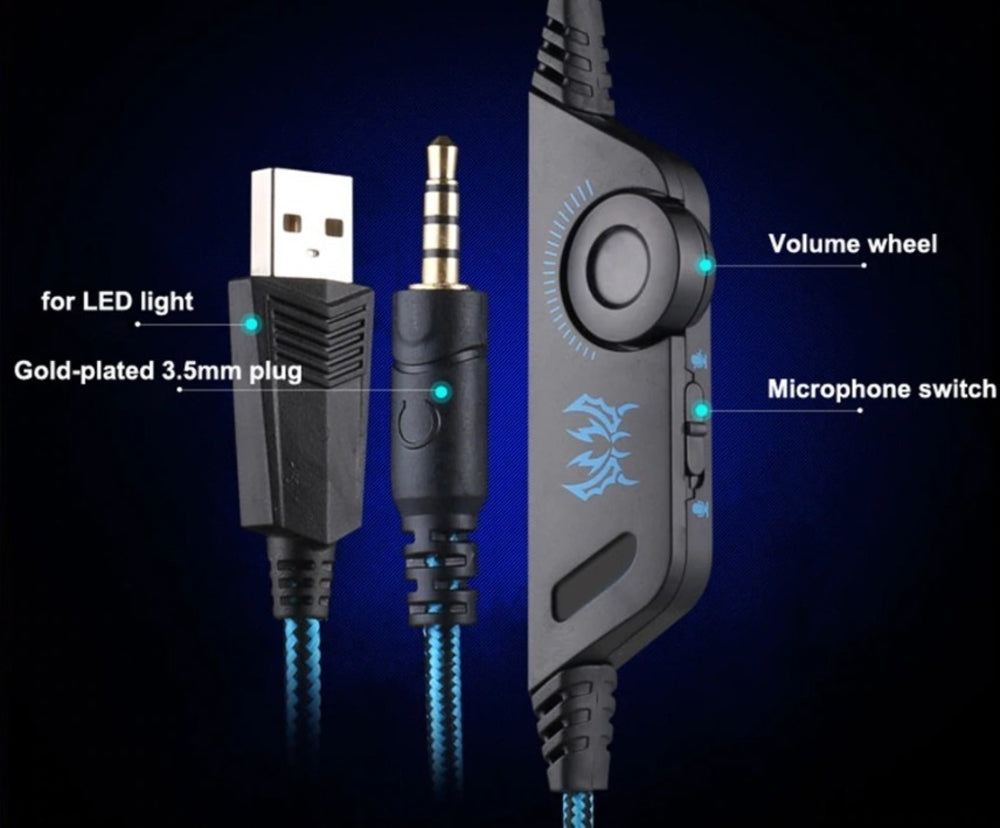 Gaming headset with USB cable and 3.5mm plug on a dark background