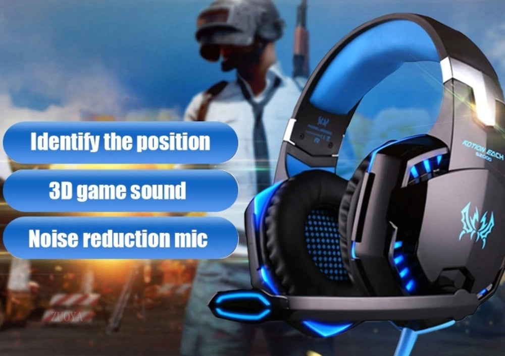 Gaming headset with blue lights and features text on a blurred game scene background