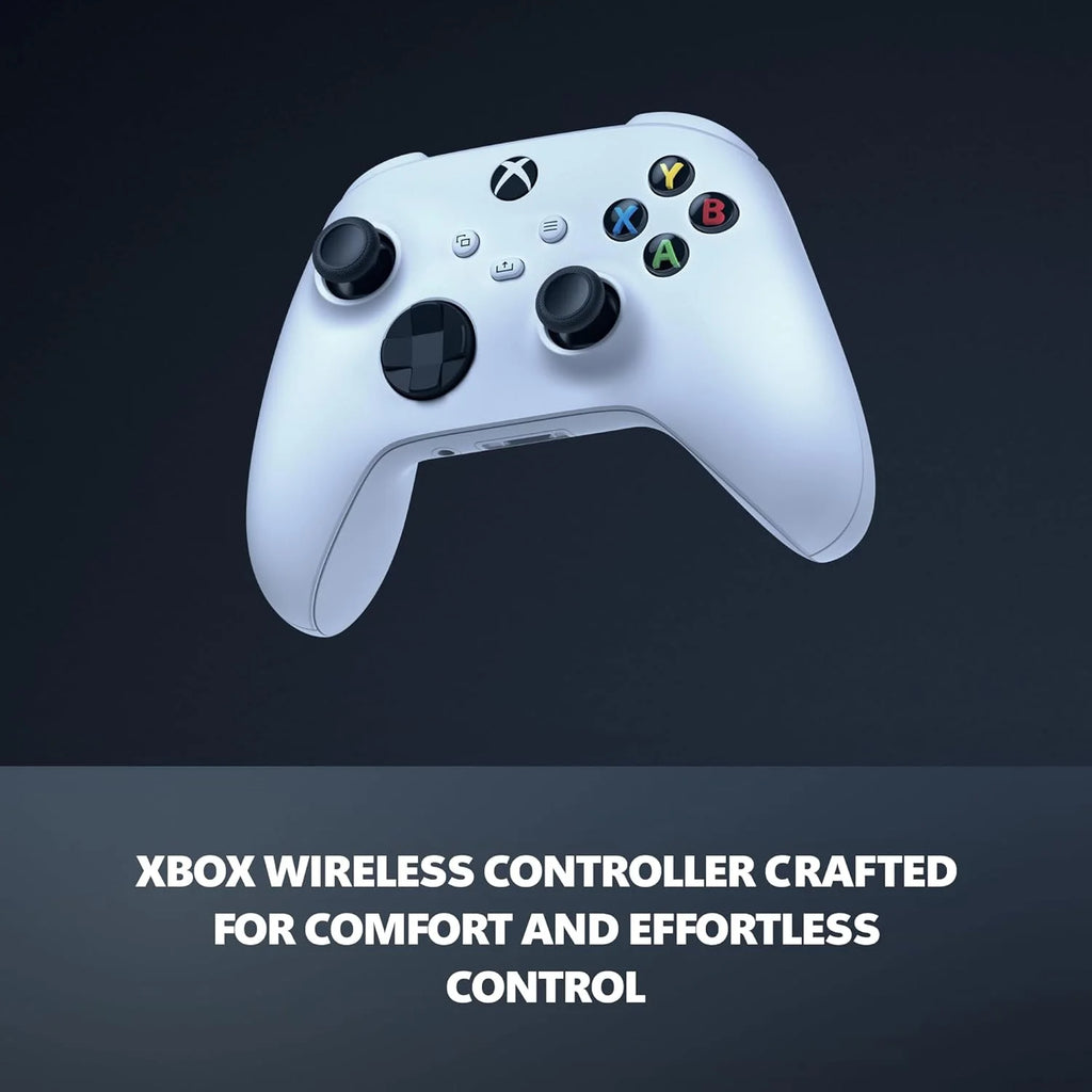 White Xbox wireless controller on a dark background with text about comfort and control.