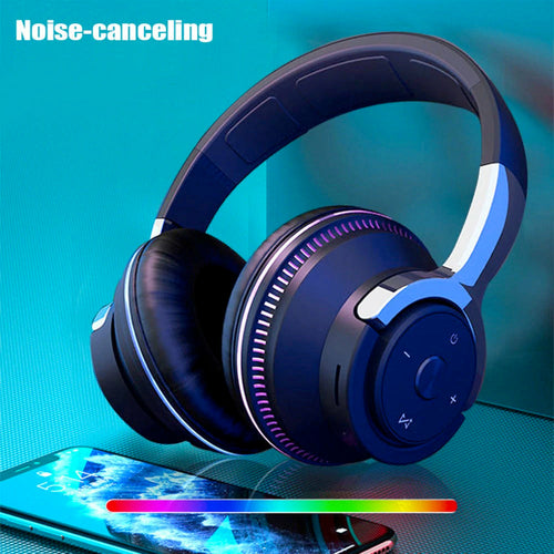 Blue noise-canceling headphones with smartphone displaying music app on a blue gradient background