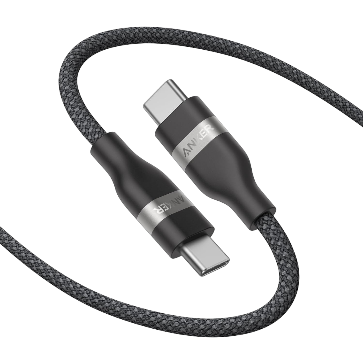 Black USB-C cable with braided design on a white background
