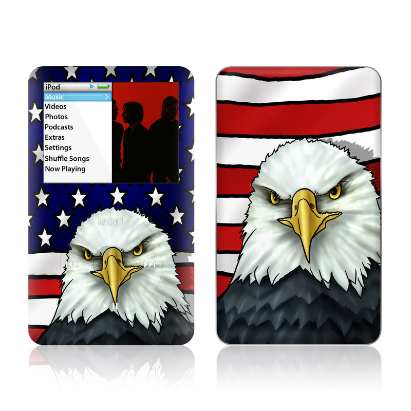 Two iPod skins with American flag and eagle designs on a white background