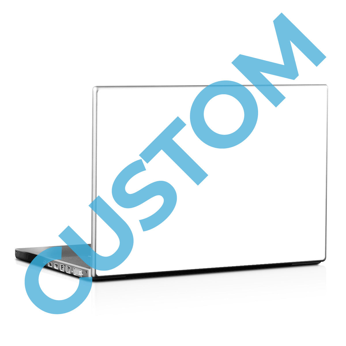 Laptop with 'CUSTOM' text on a white background
