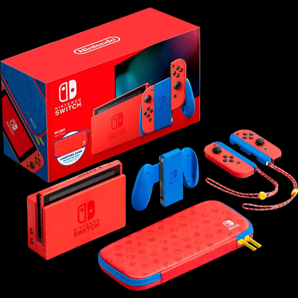 Nintendo Switch gaming console set with red and blue Joy-Con, dock, and accessories on a white background.