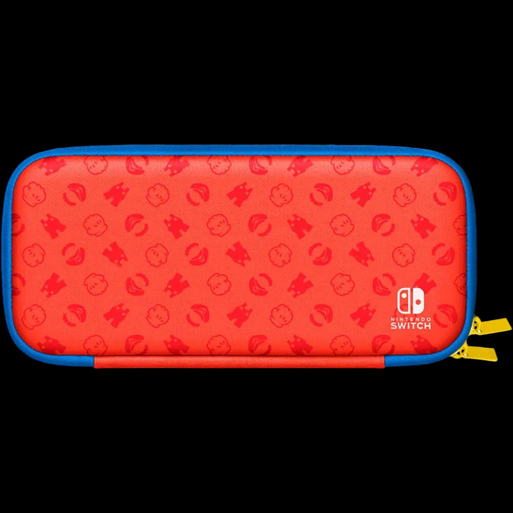 Red carrying case with blue edges and colorful pattern for Nintendo Switch, featuring a visible brand logo.