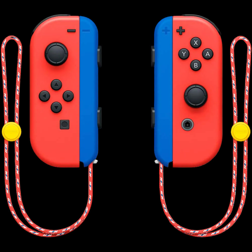 Red and blue gaming controllers with lanyards on a white background
