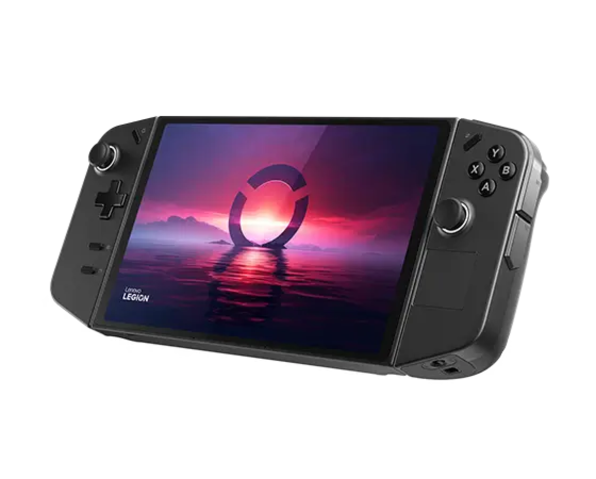 Gaming console with a screen displaying a scenic image on a white background
