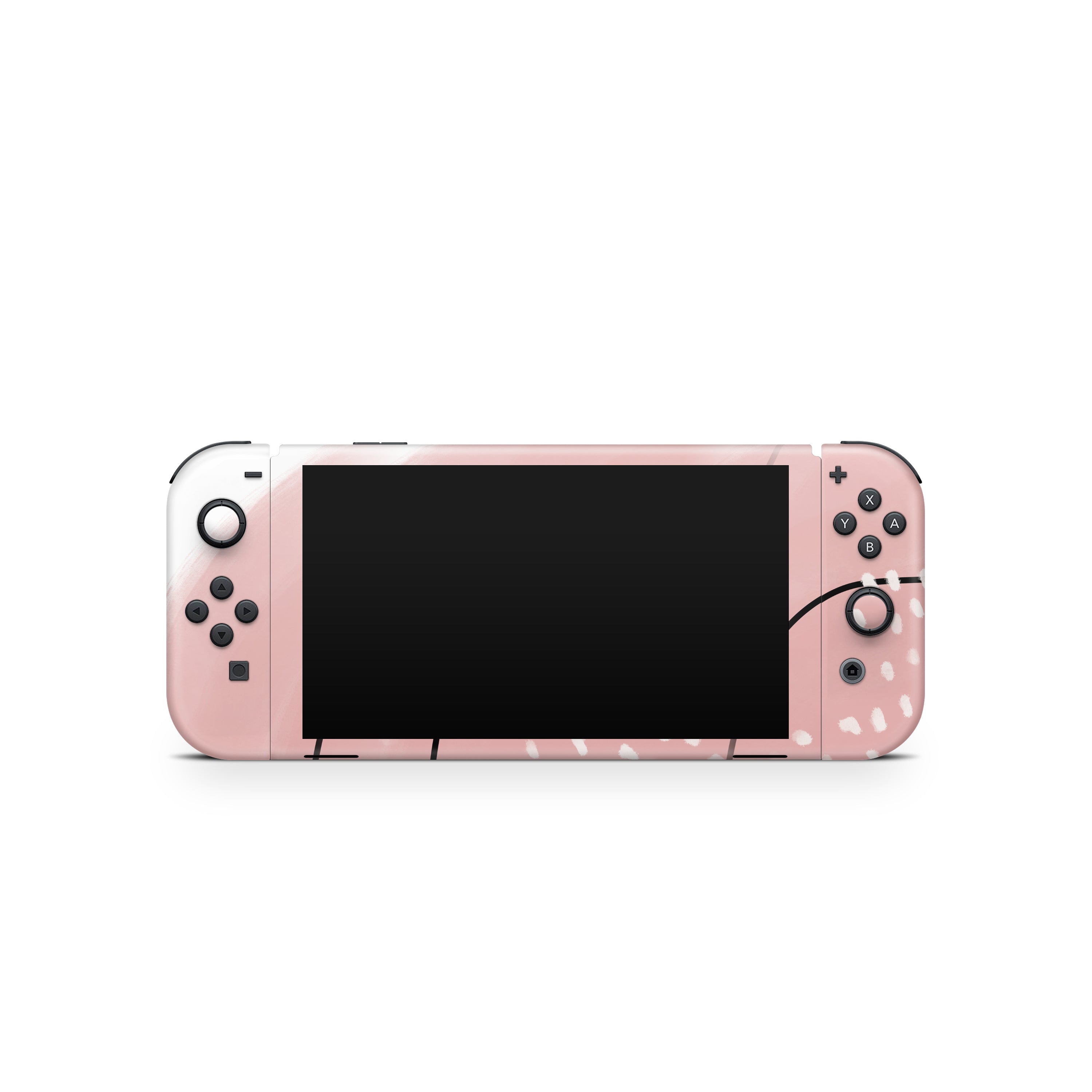 Pink gaming console with black screen on a white background