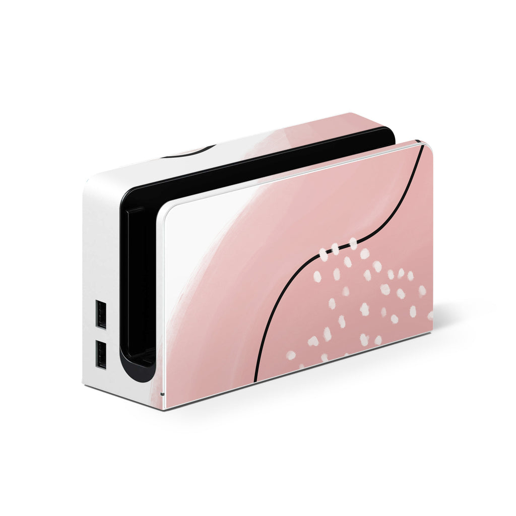 Rectangular electronic device with a pink and white design on a white background