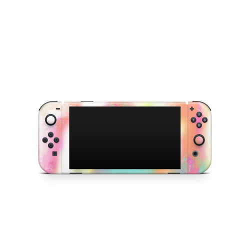 Gaming console with colorful watercolor skin on a white background