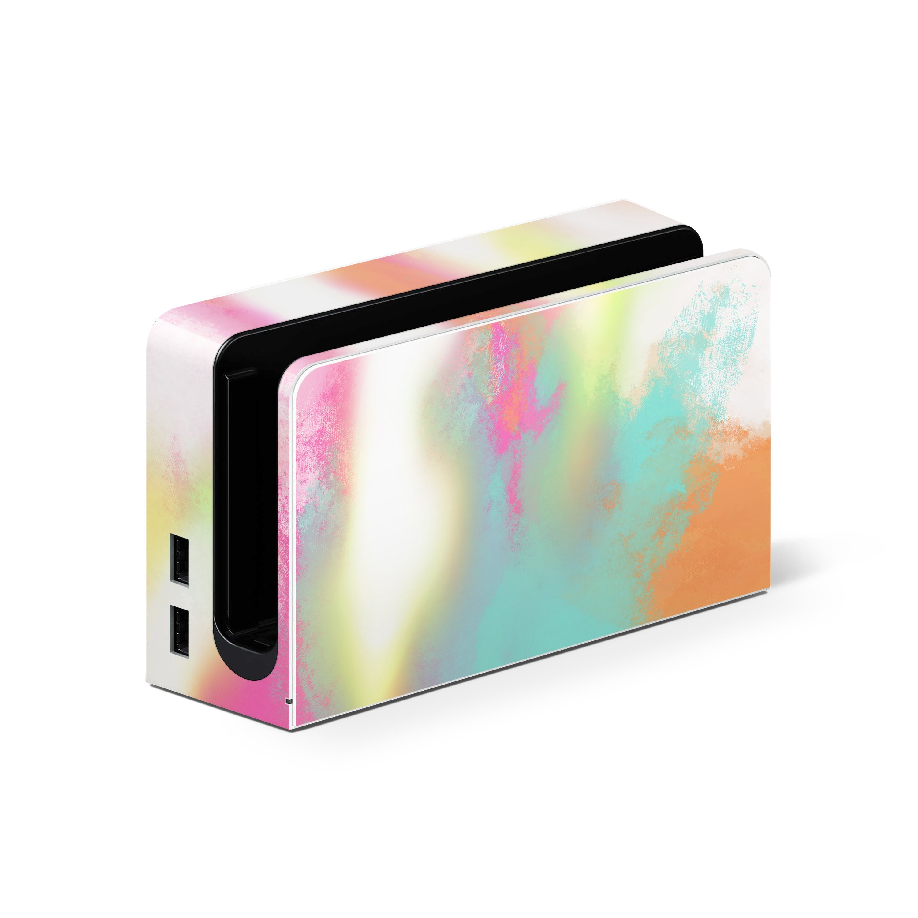 Colorful watercolor design on a rectangular electronic device with black accents.