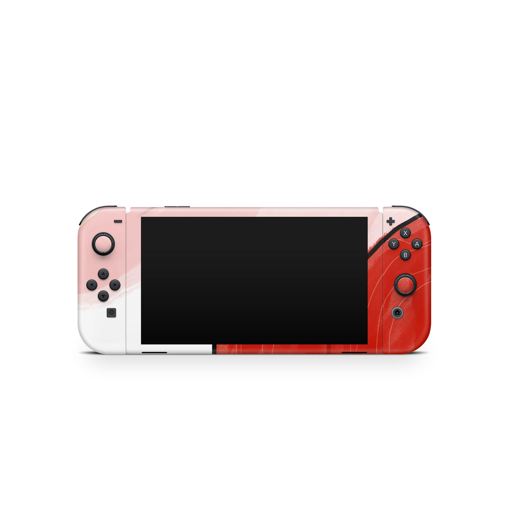 Pink and red gaming console with a black screen on a white background