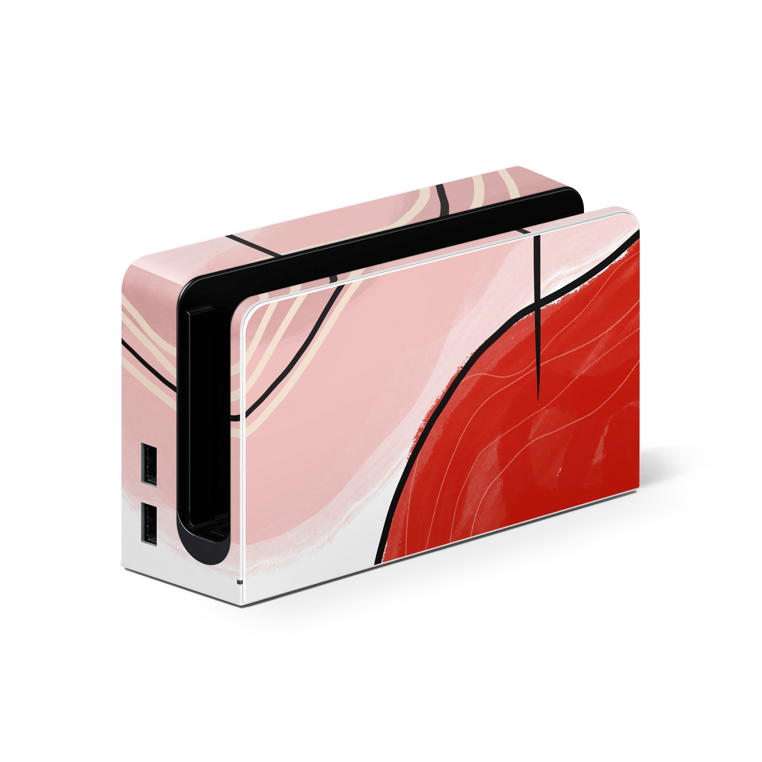 Rectangular electronic device with a pink and red abstract design on a white background