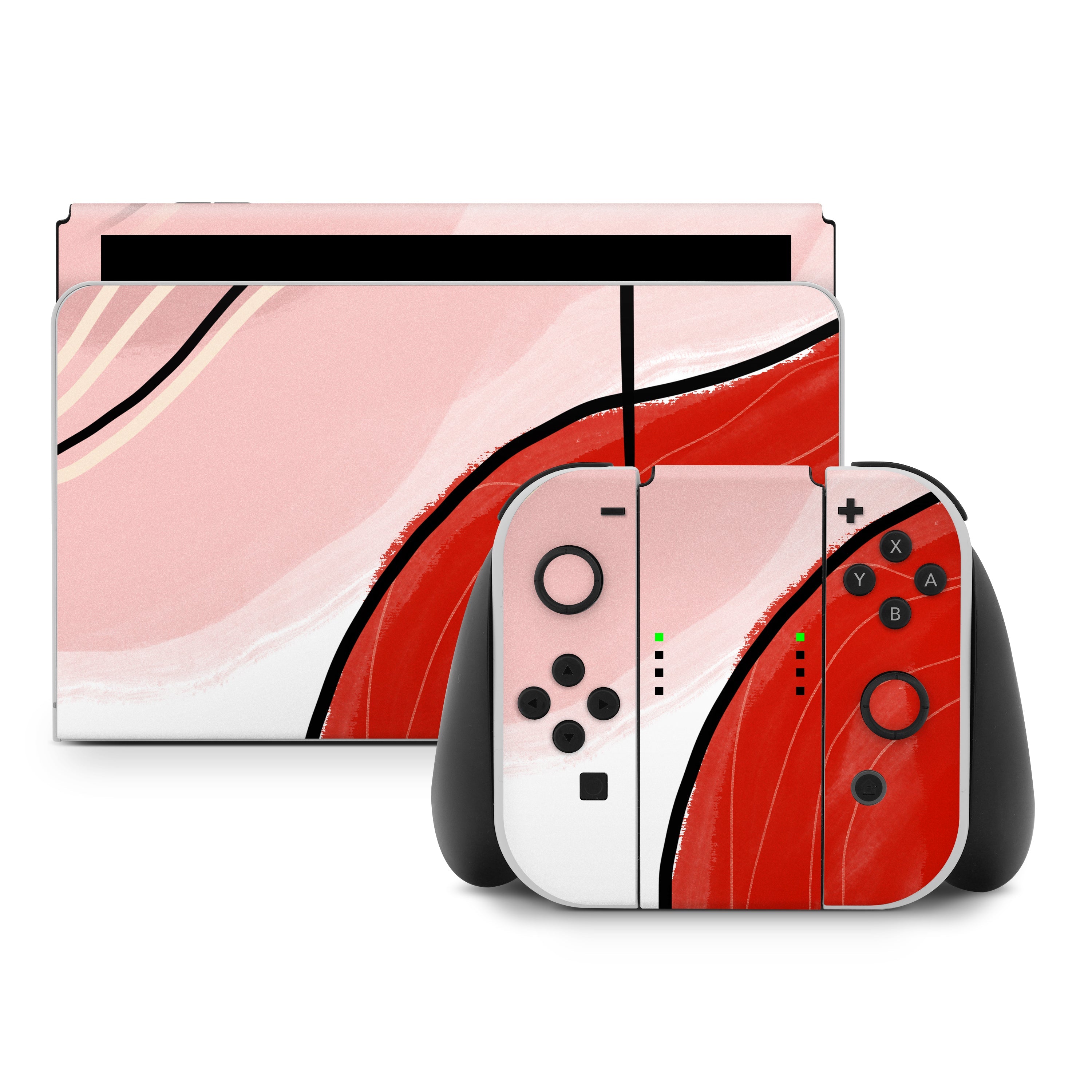 Gaming console and controller with abstract red and pink design on a white background