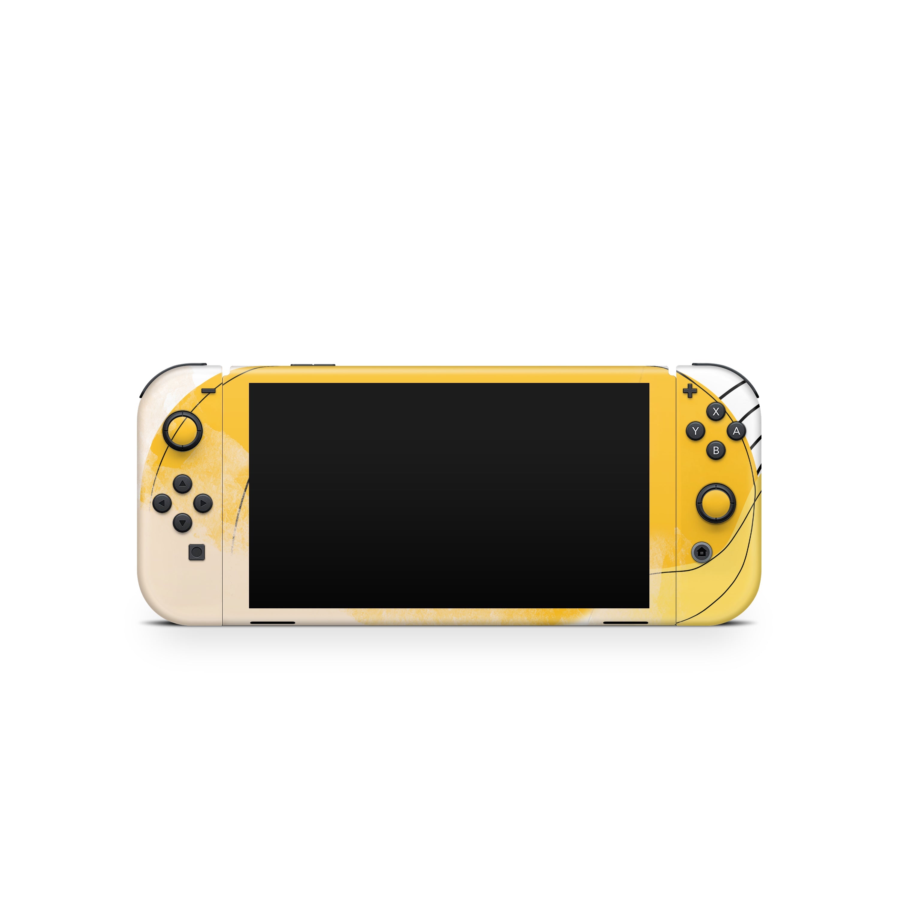 Yellow gaming console with black screen on a white background
