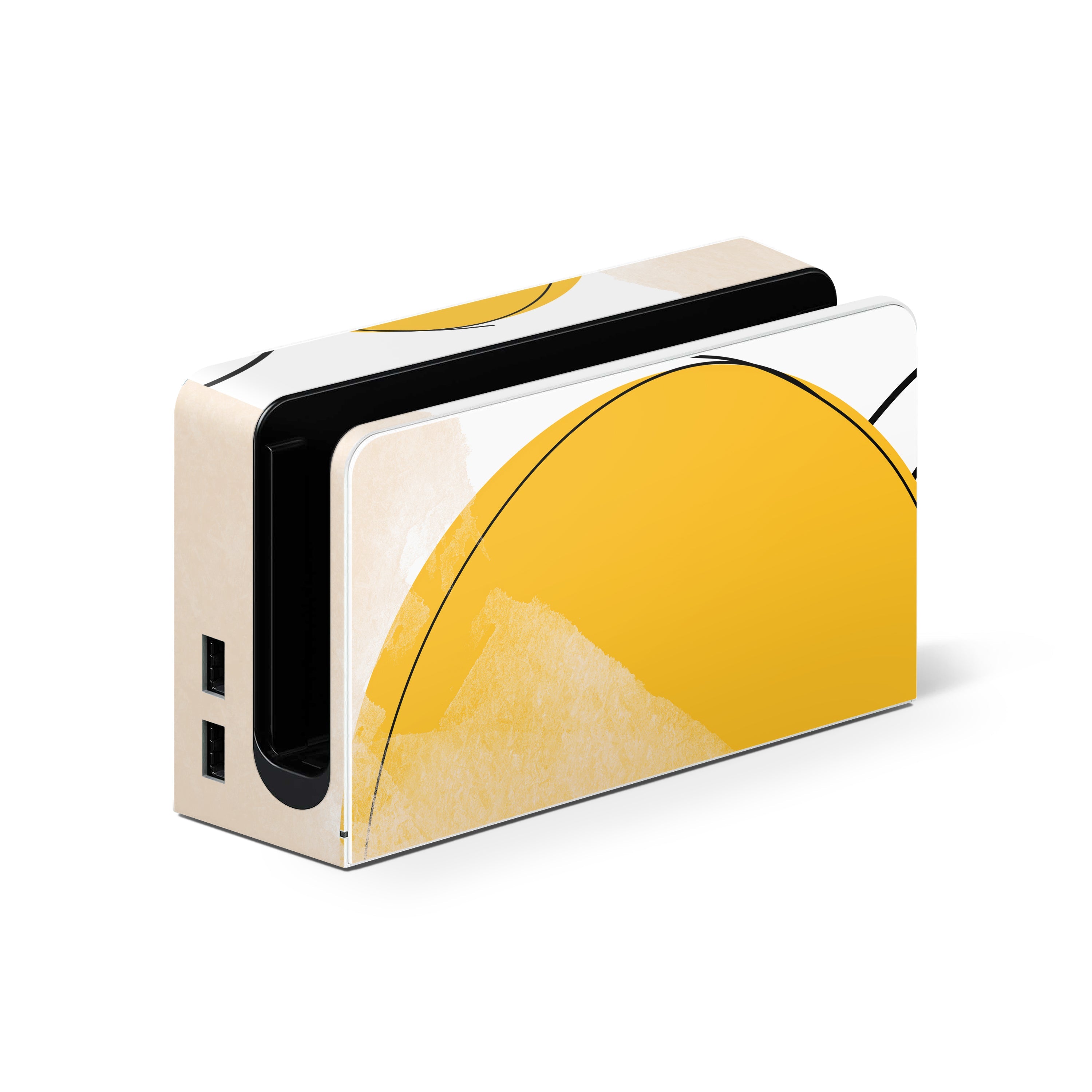 Rectangular electronic device with a yellow taco design on a white background