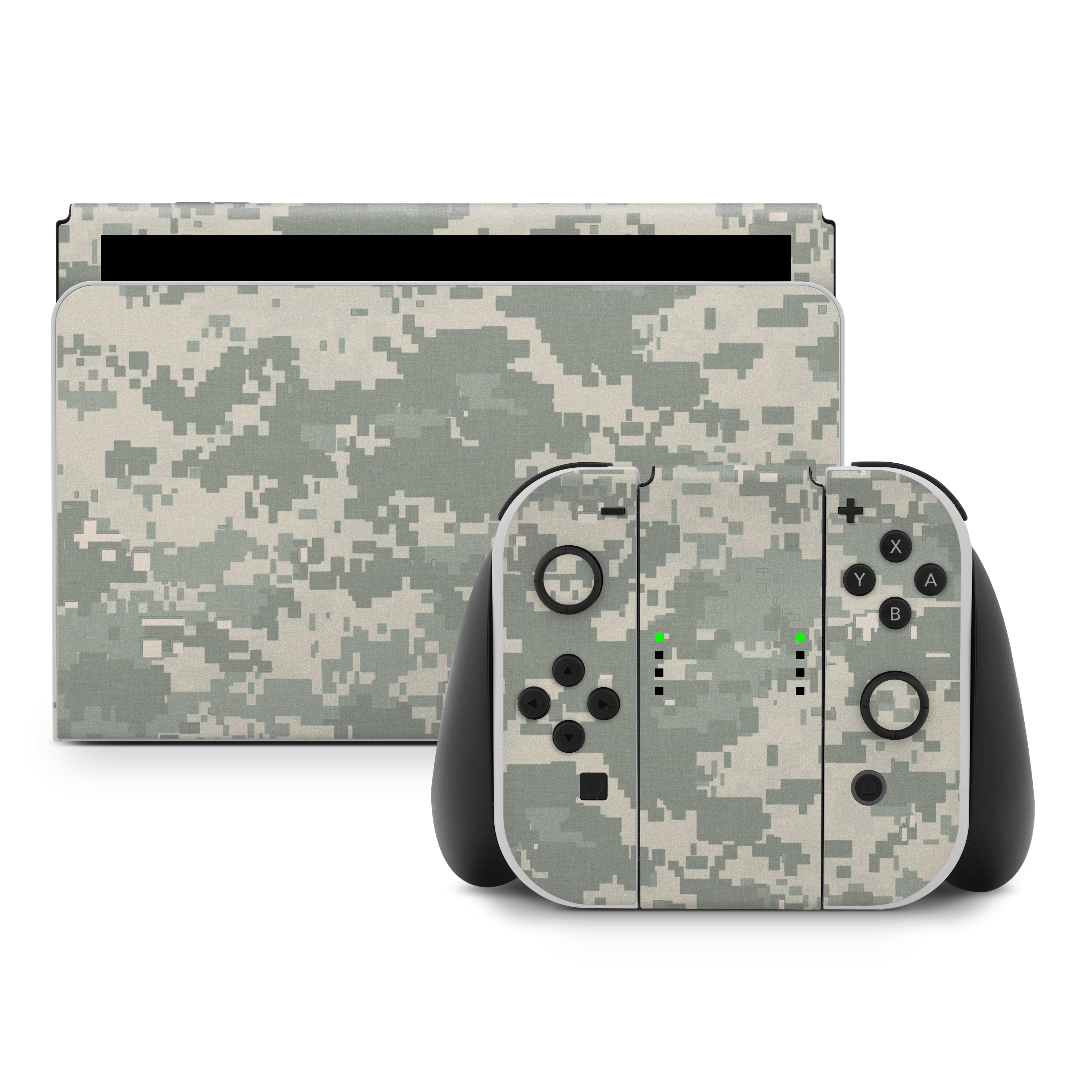 Nintendo Switch console and controllers with a camouflage skin on a white background