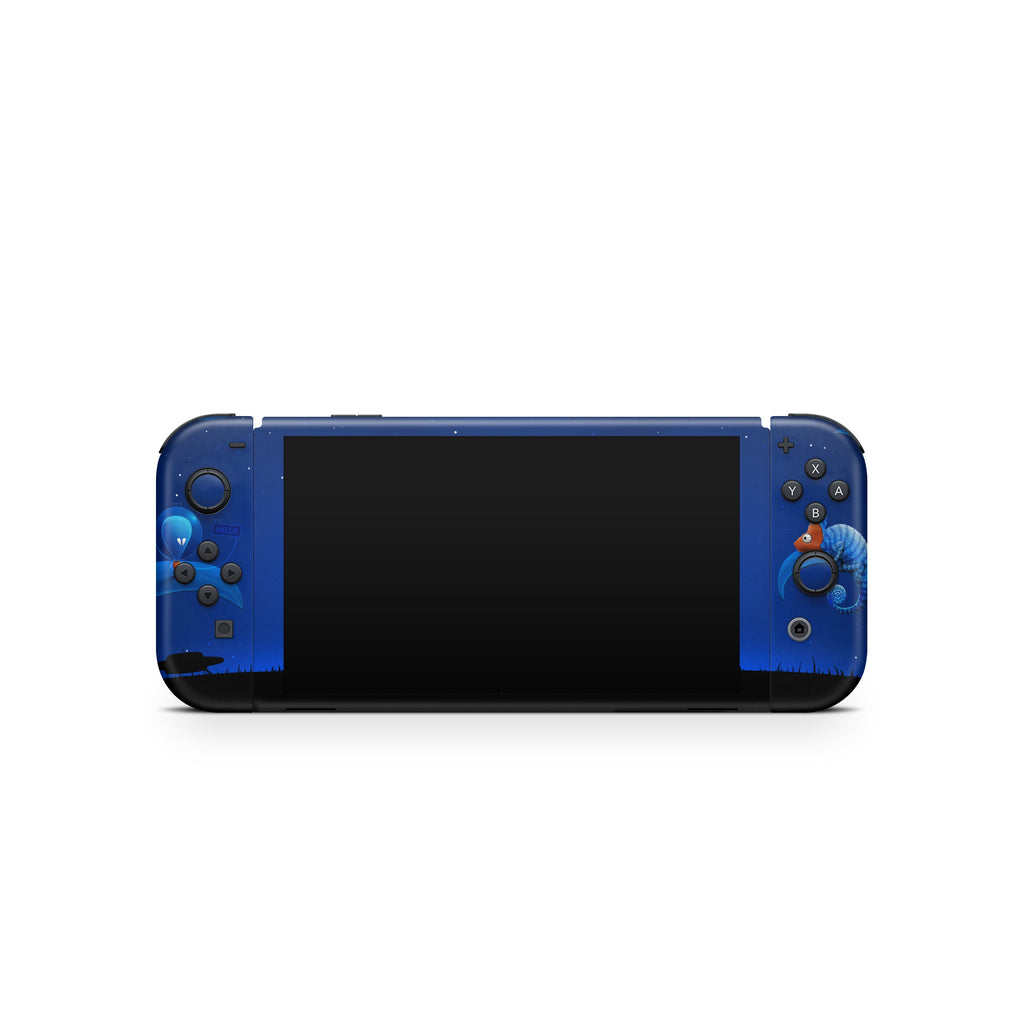 Blue gaming console with a screen on a white background