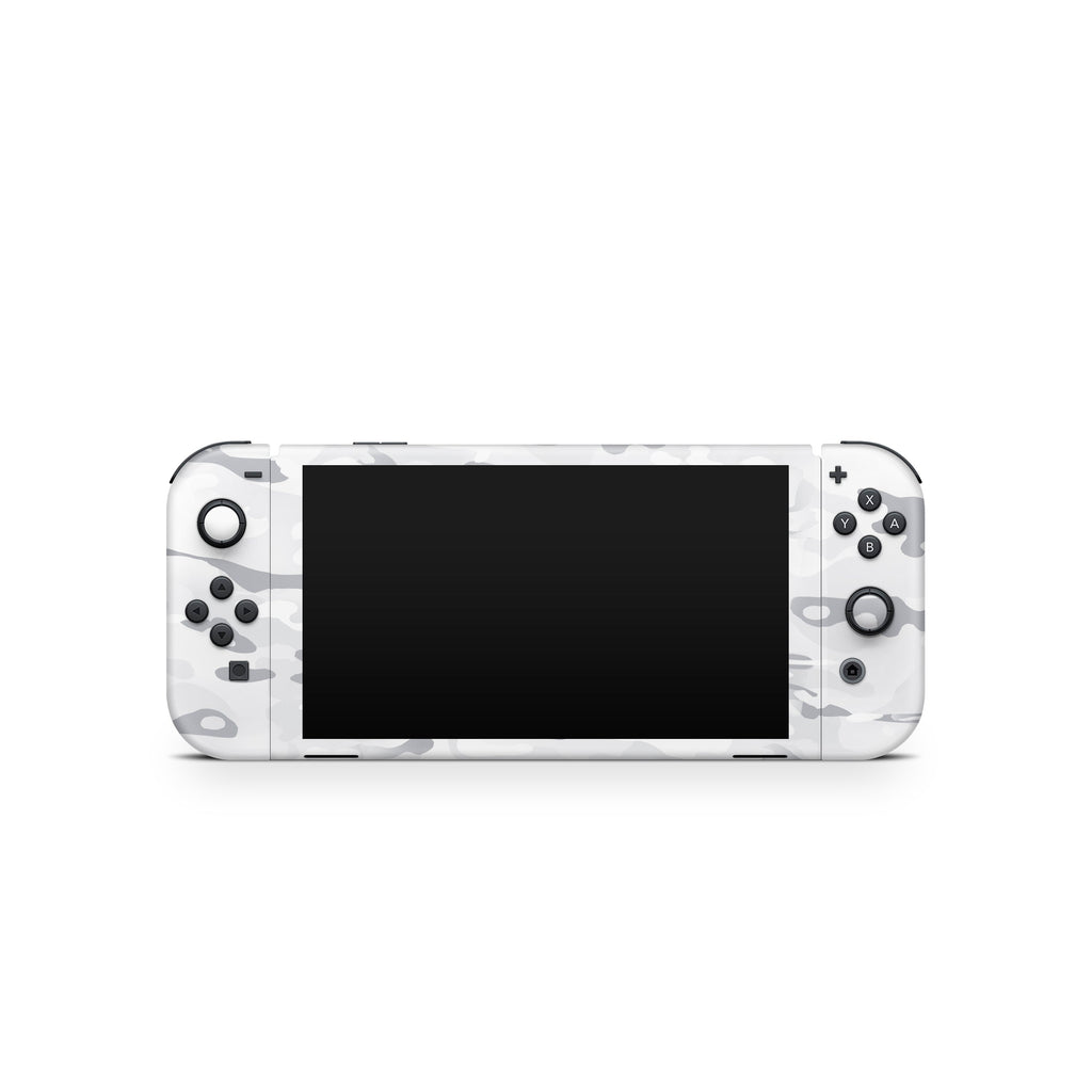White gaming console with black screen on a white background