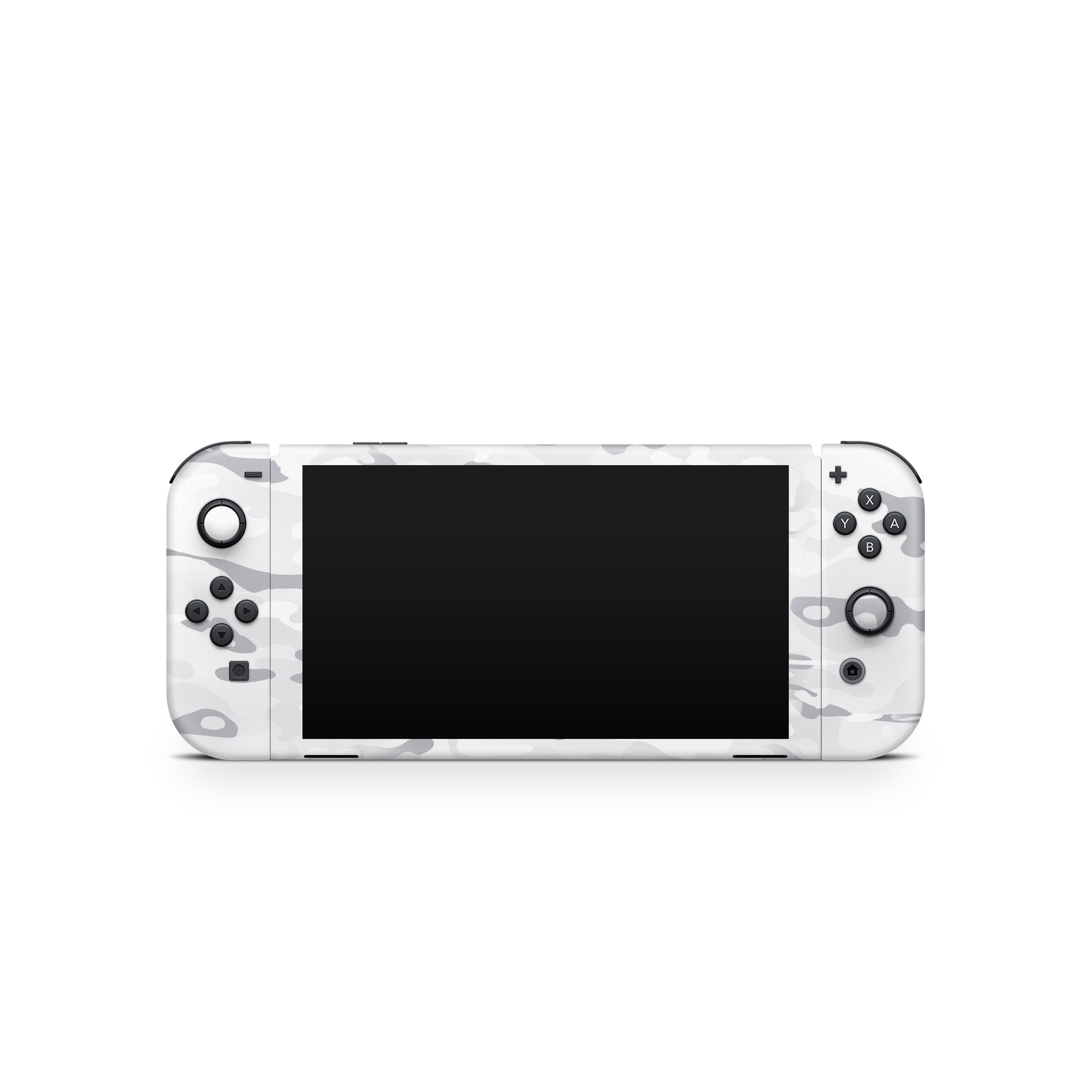 White gaming console with black screen on a white background
