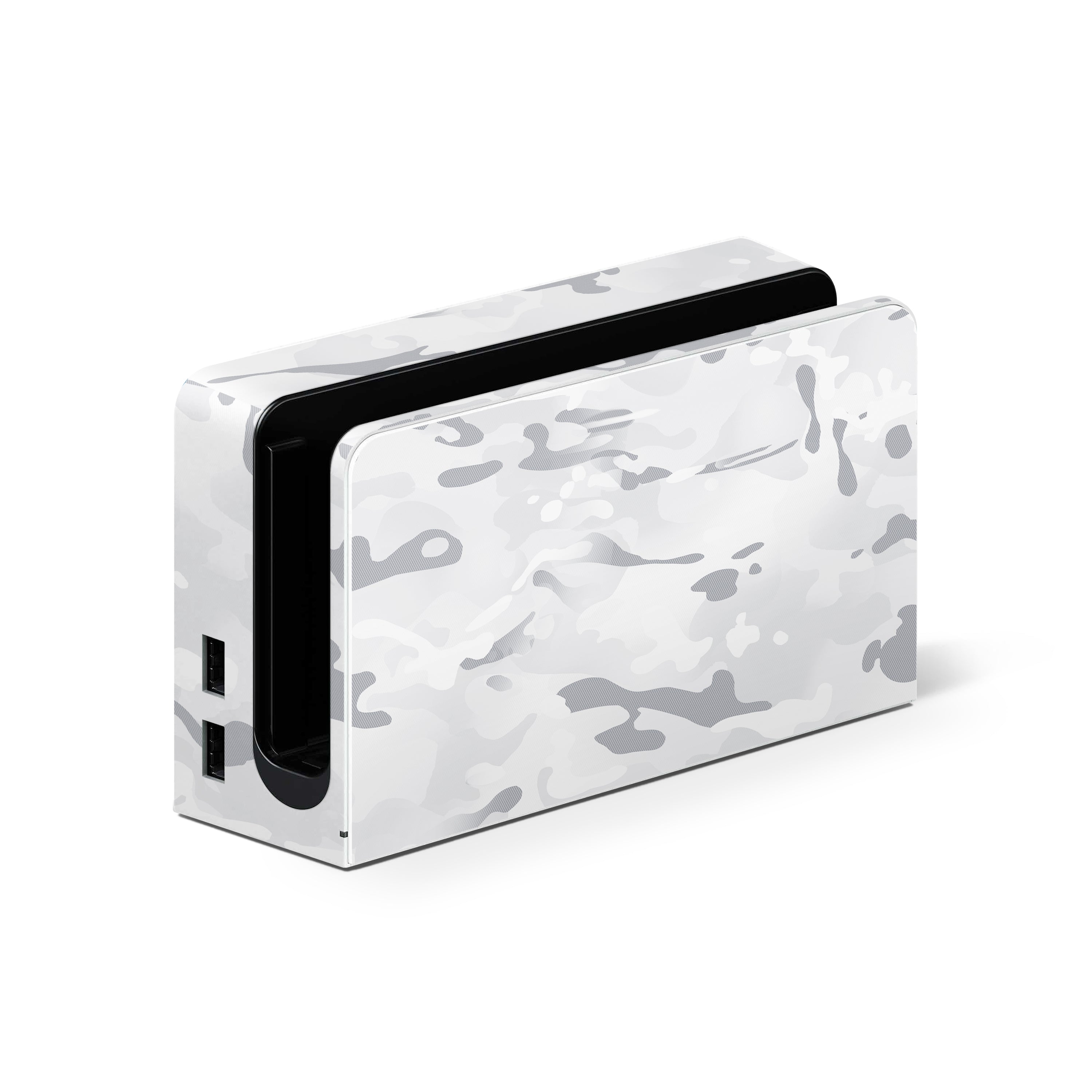 White gaming console with camouflage pattern on a white background