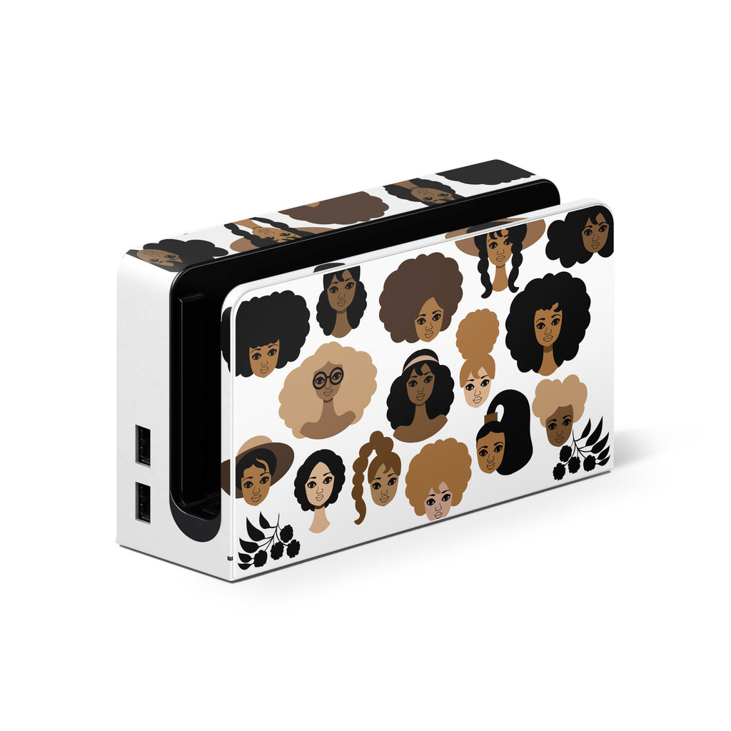 White rectangular box with illustrations of diverse women's hairstyles on a white background