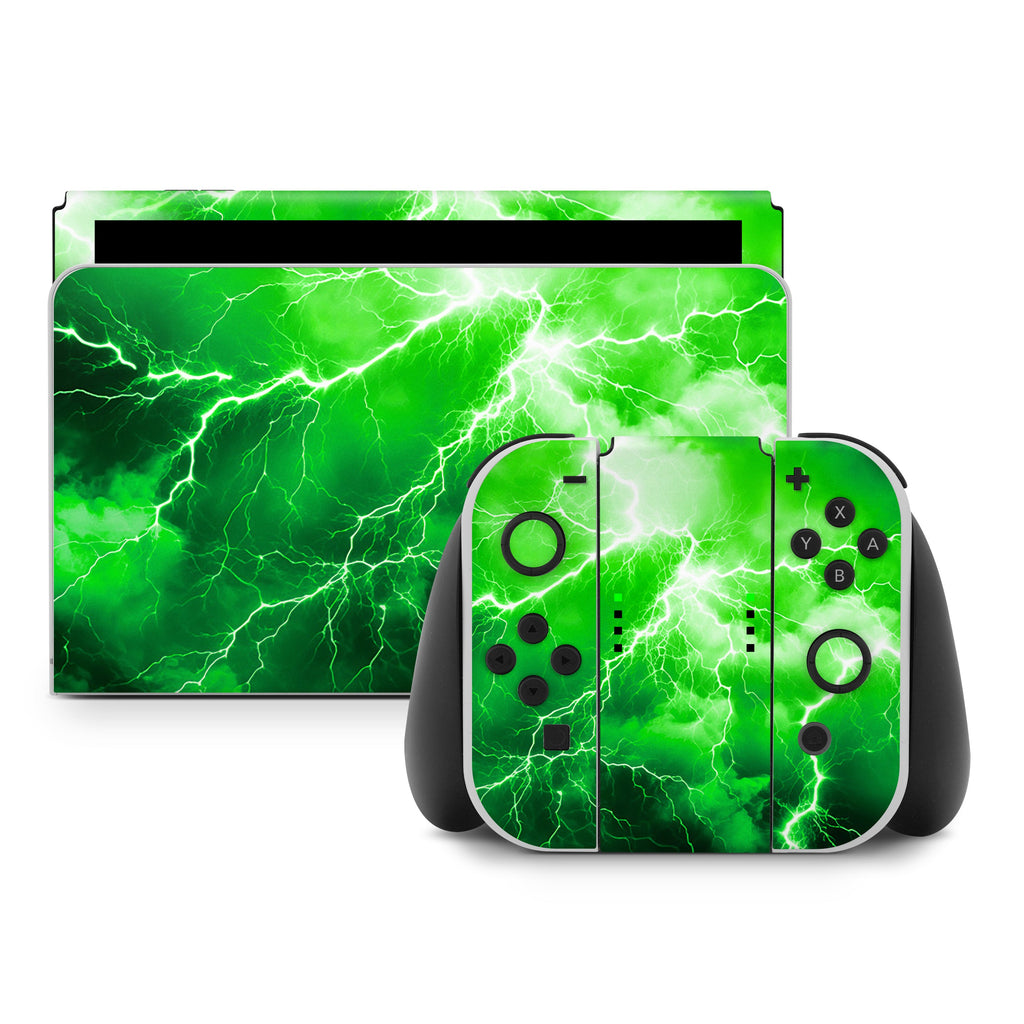 Gaming console and controllers with green marble design on a white background