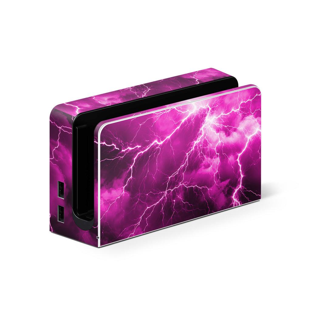 Gaming console with a vibrant purple lightning design on a white background