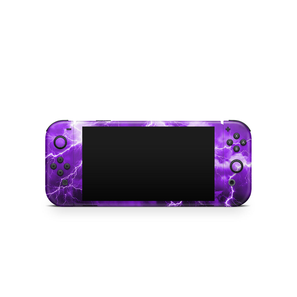 Gaming console with purple lightning design on a white background