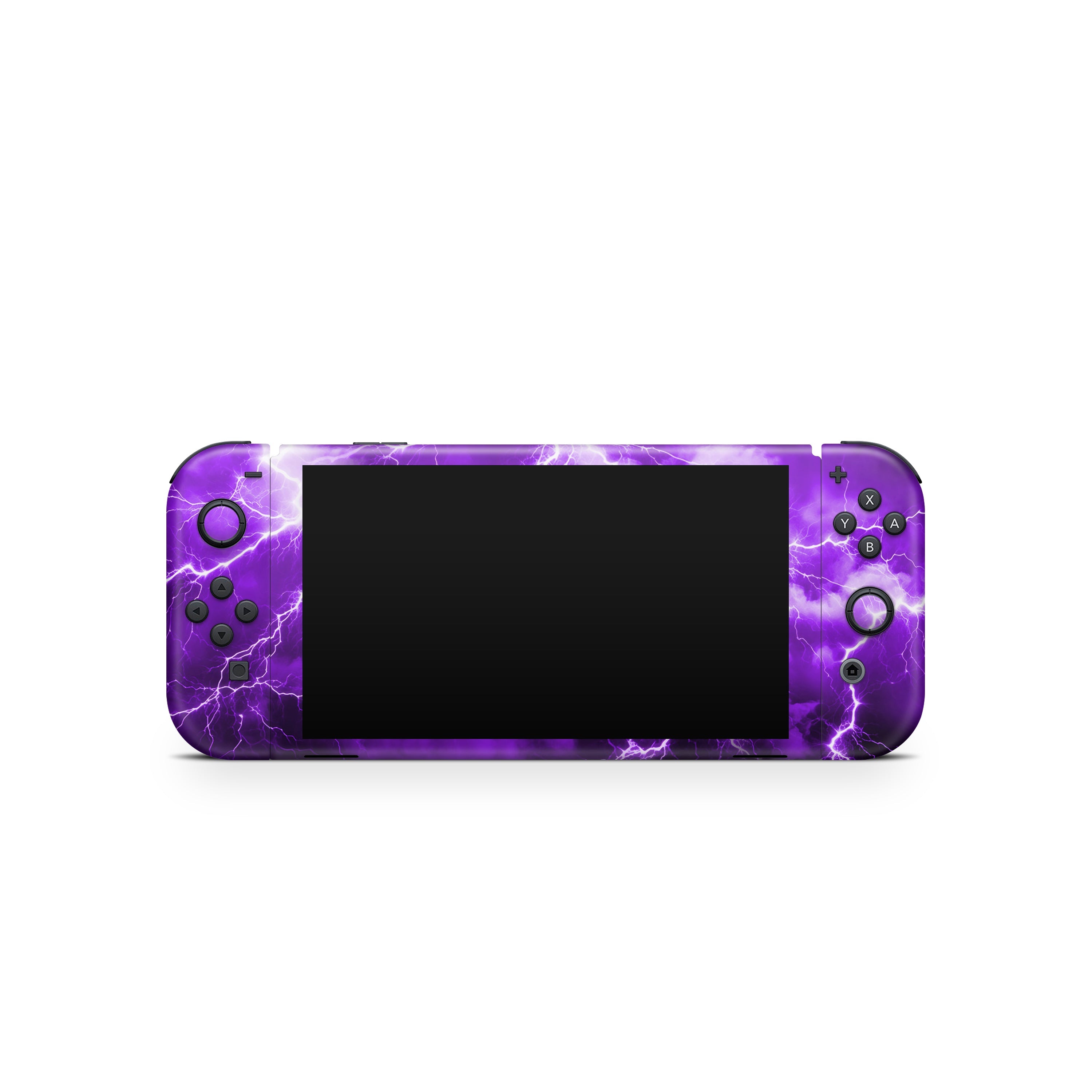 Gaming console with purple lightning design on a white background