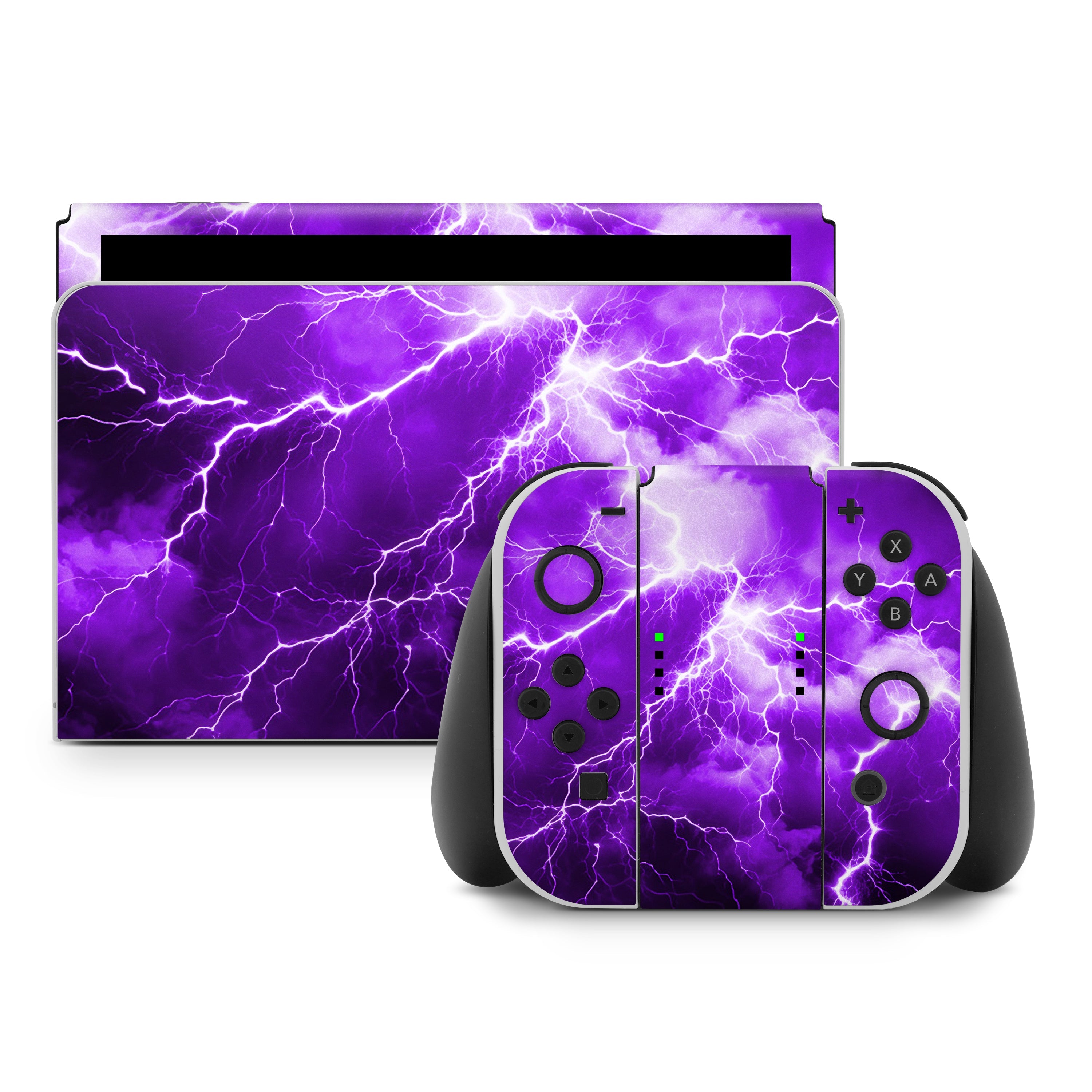 Gaming console and controllers with purple lightning design on a white background