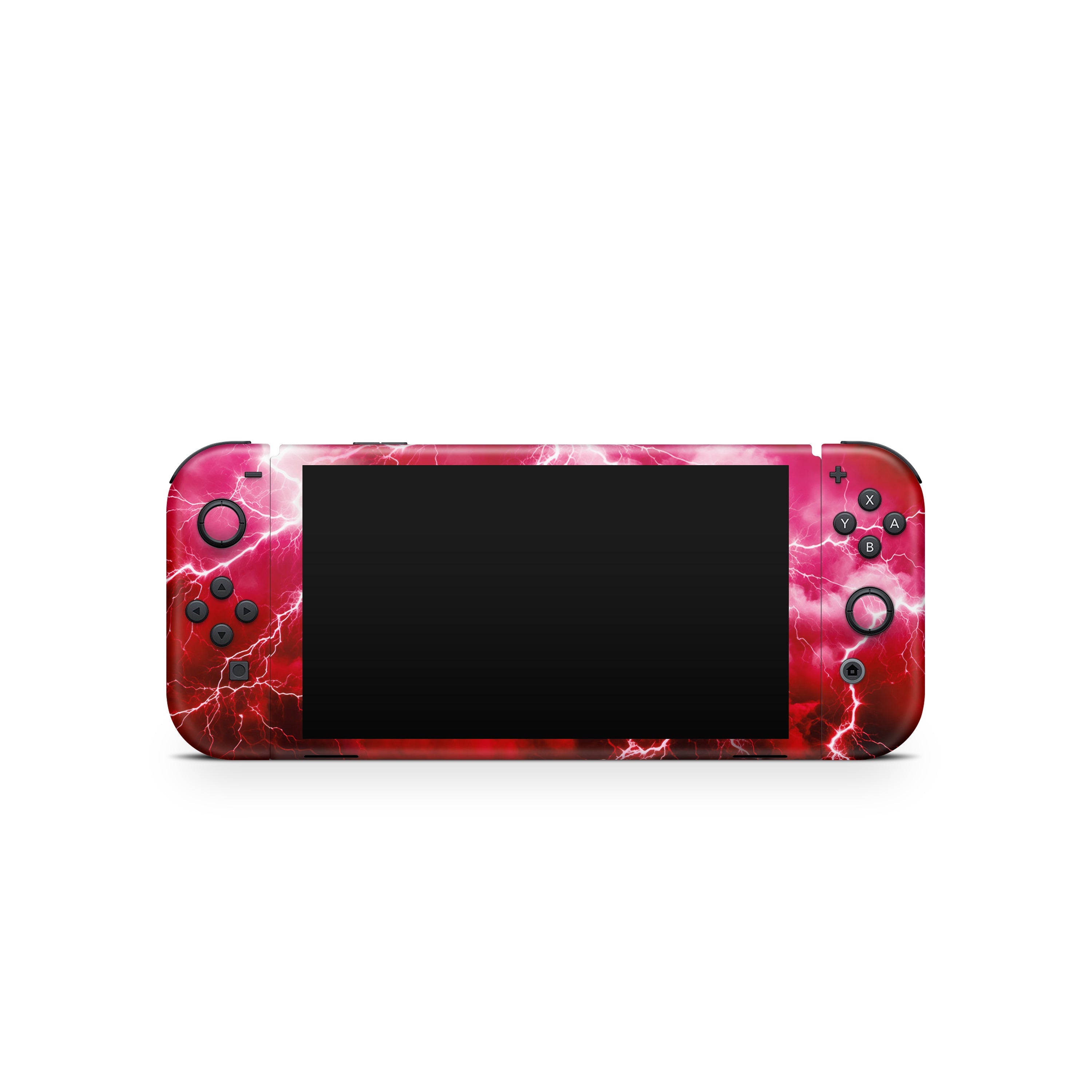 Gaming console with a red and black marble pattern on a white background