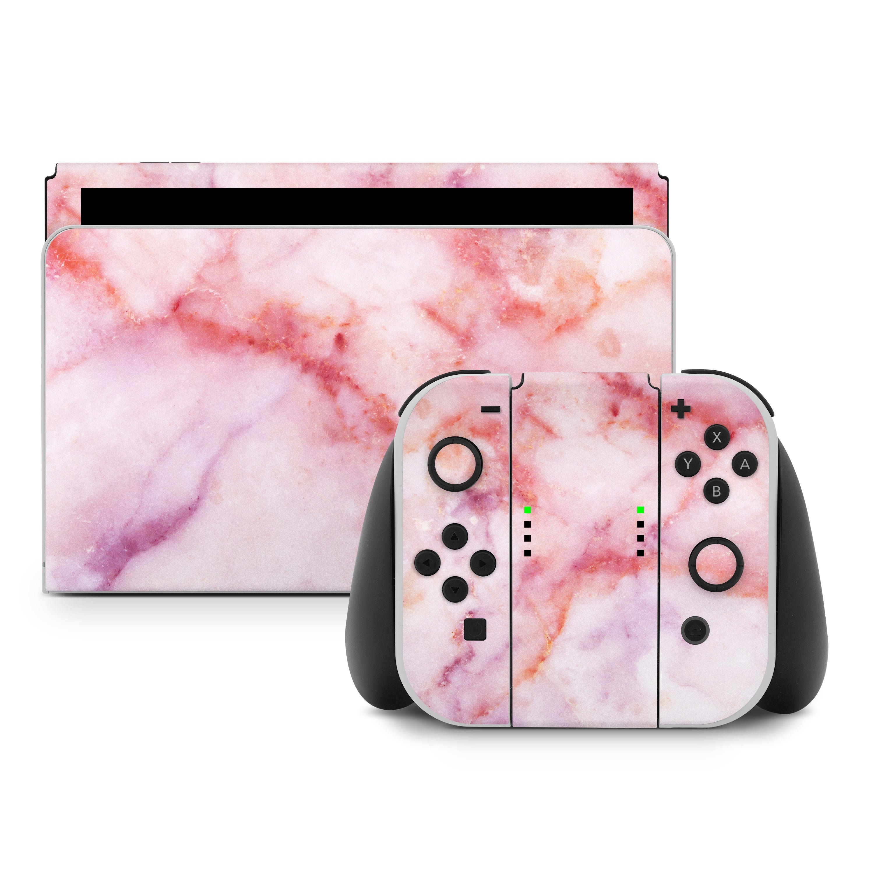 Gaming console and controllers with pink marble design on a white background