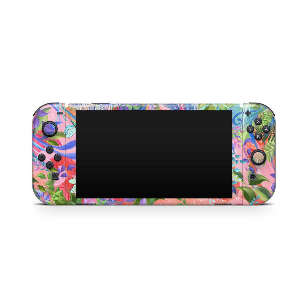Gaming console with colorful floral design on a white background