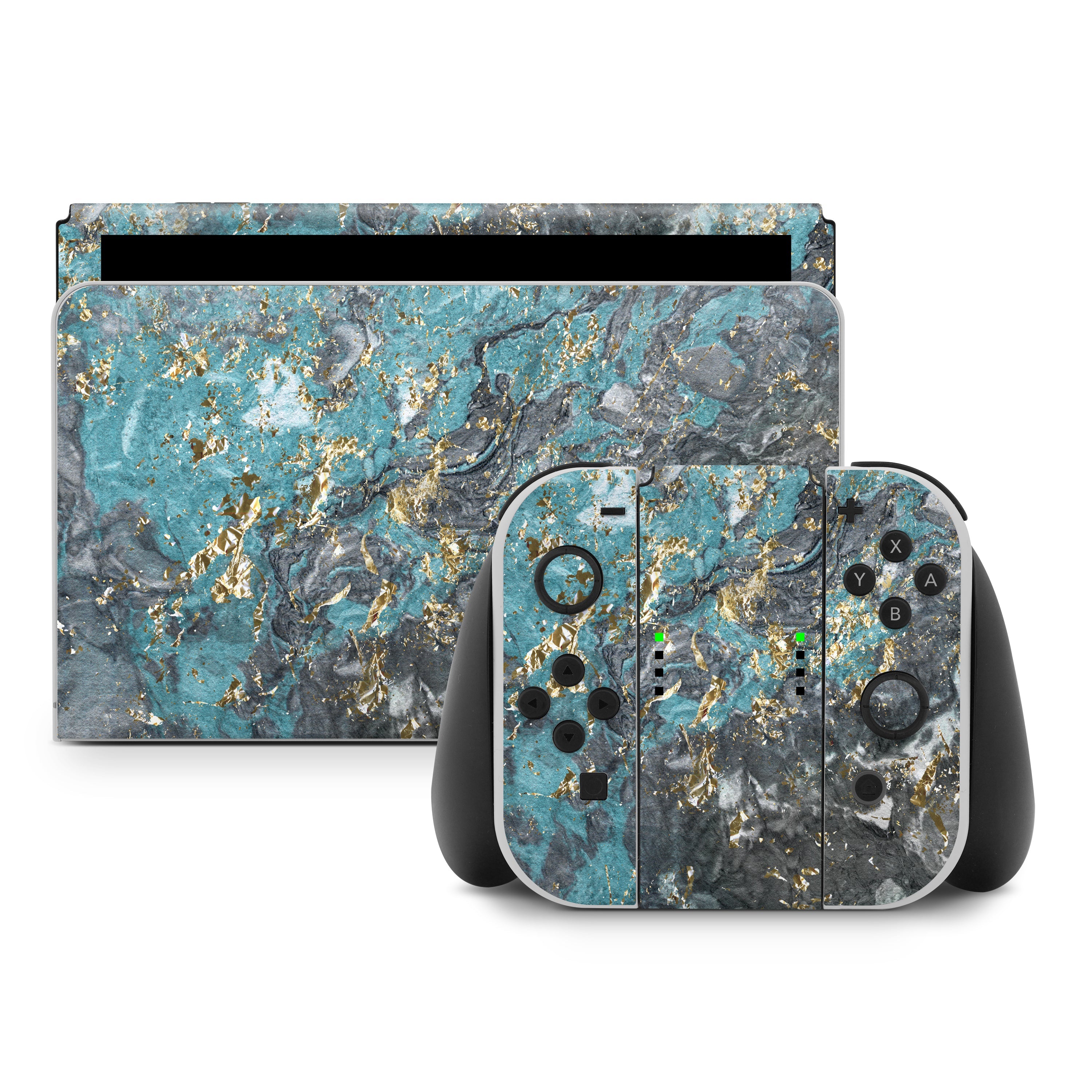 Gaming console and controllers with a blue and gray marble skin on a white background