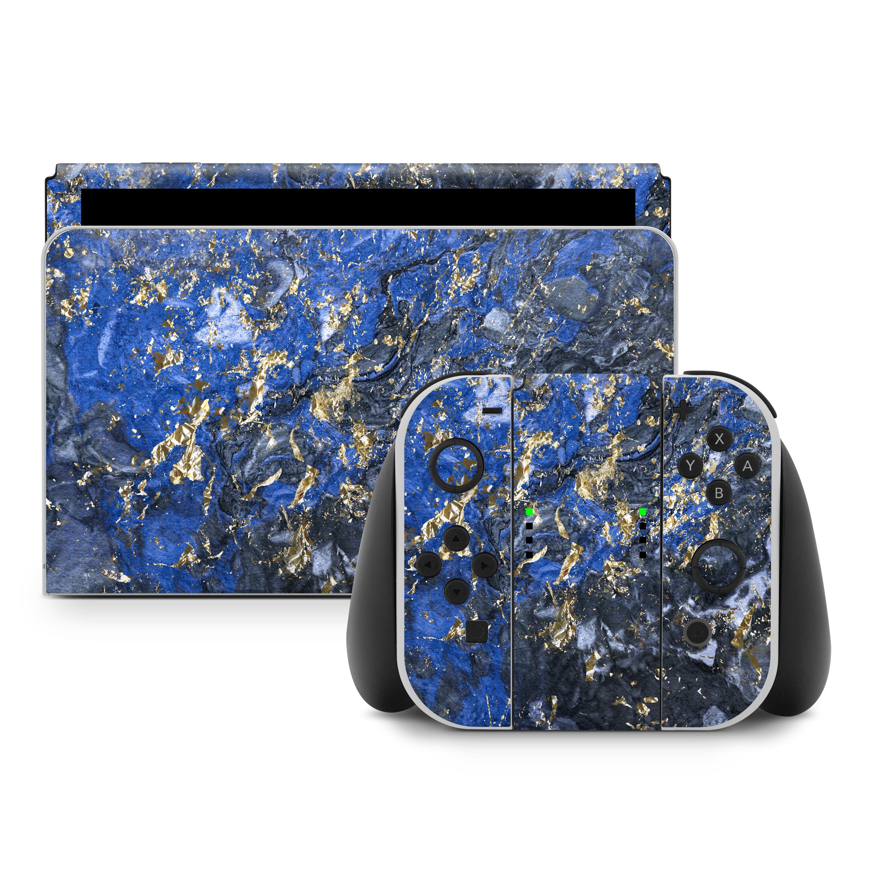 Gaming console and controller with blue marble design on a white background