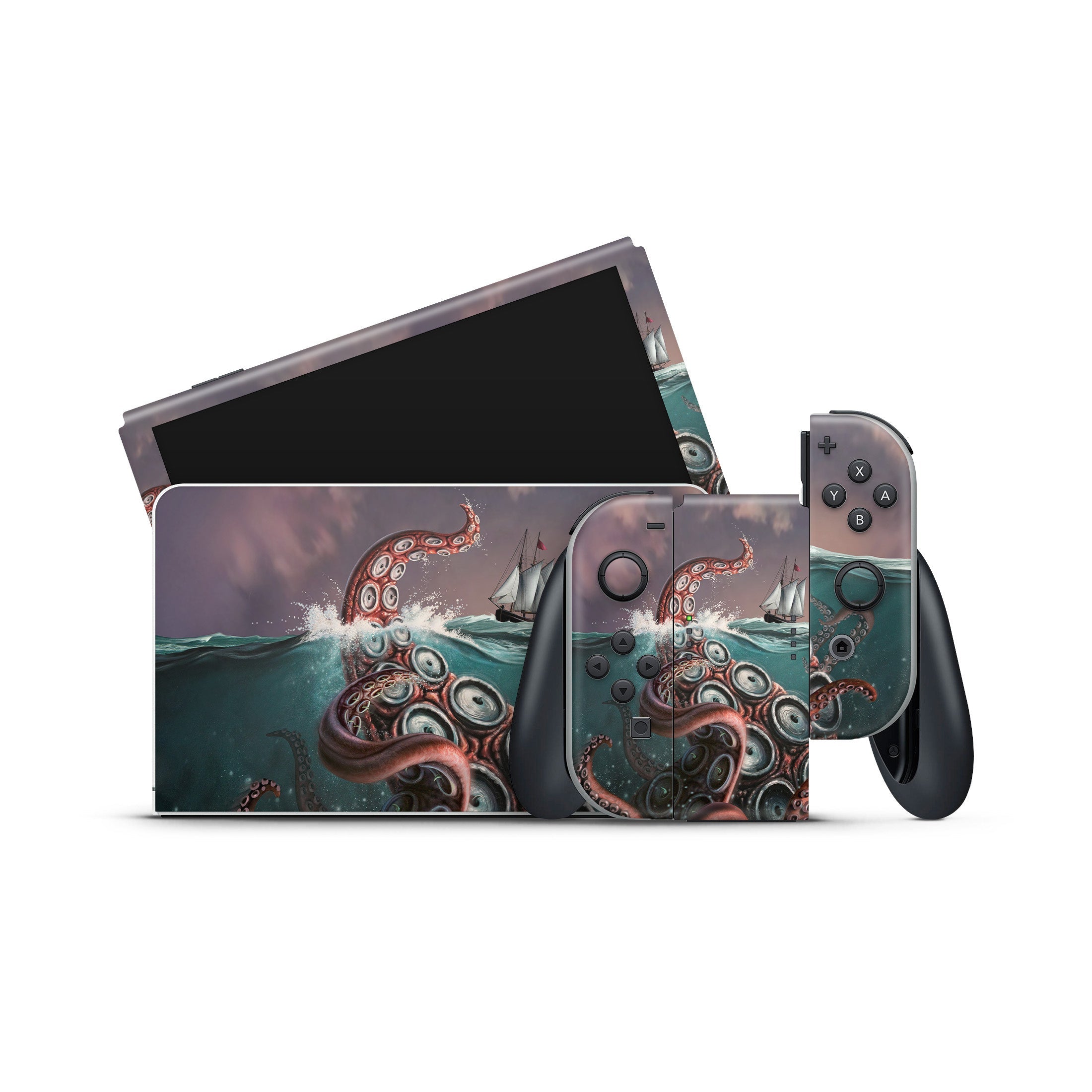 Gaming console with a themed cover featuring an octopus and ship design on a white background