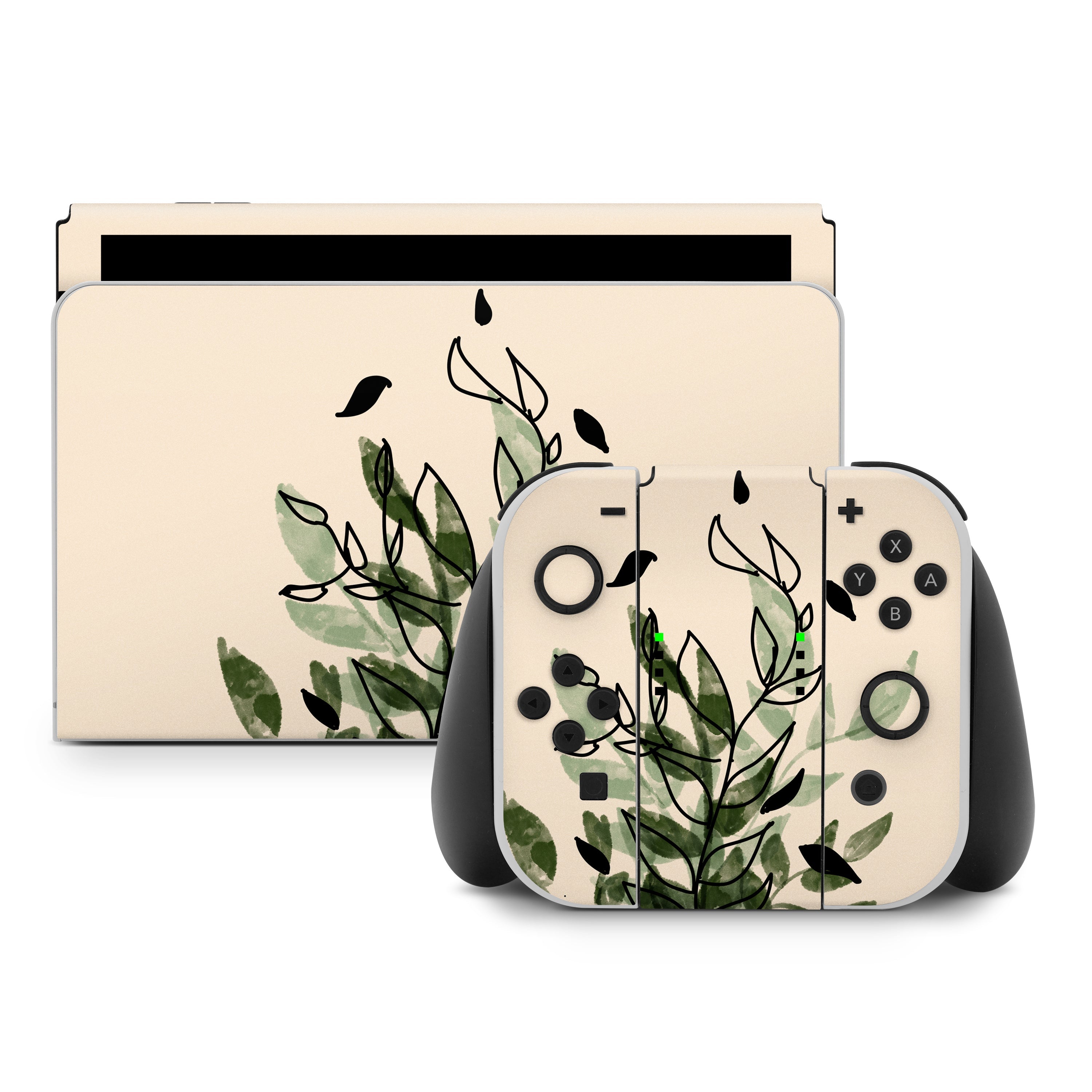 Gaming console and controller with leaf pattern on beige background