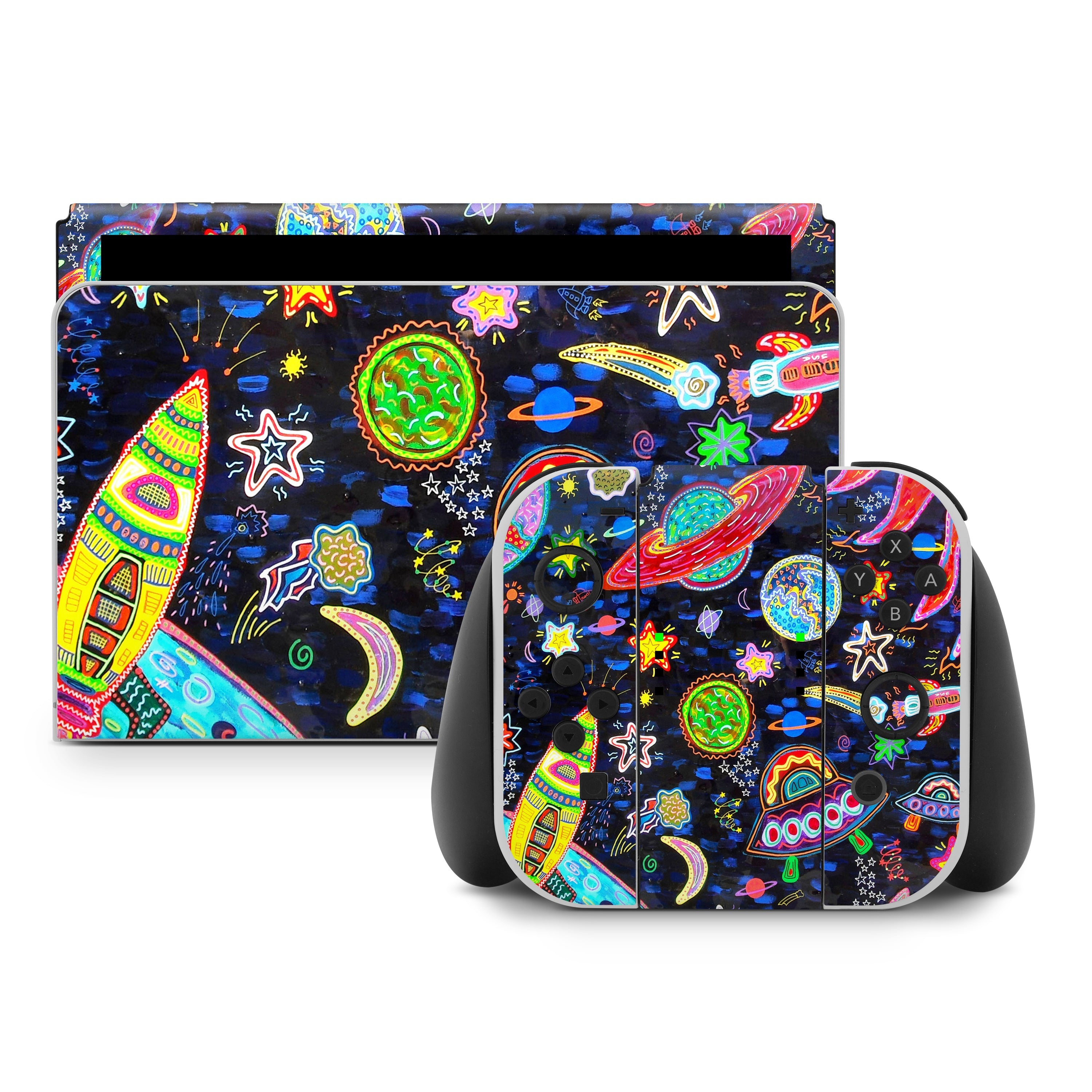 Colorful space-themed design on a product packaging with a white background