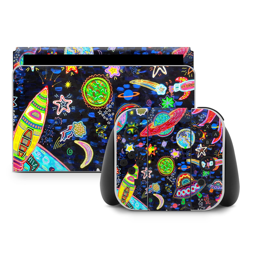 Colorful space-themed design on a product packaging with a white background