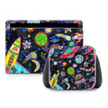Colorful space-themed design on a product packaging with a white background