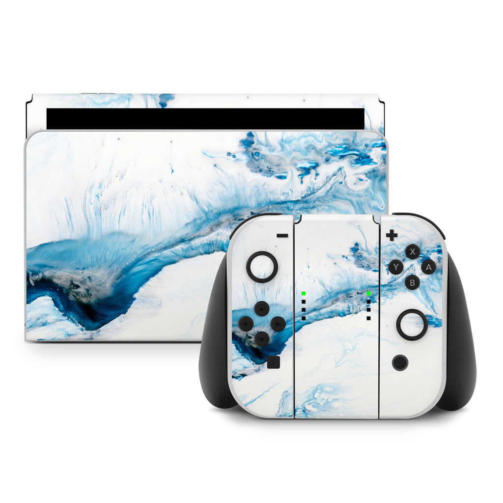 Gaming console with blue and white abstract design on screen and controller