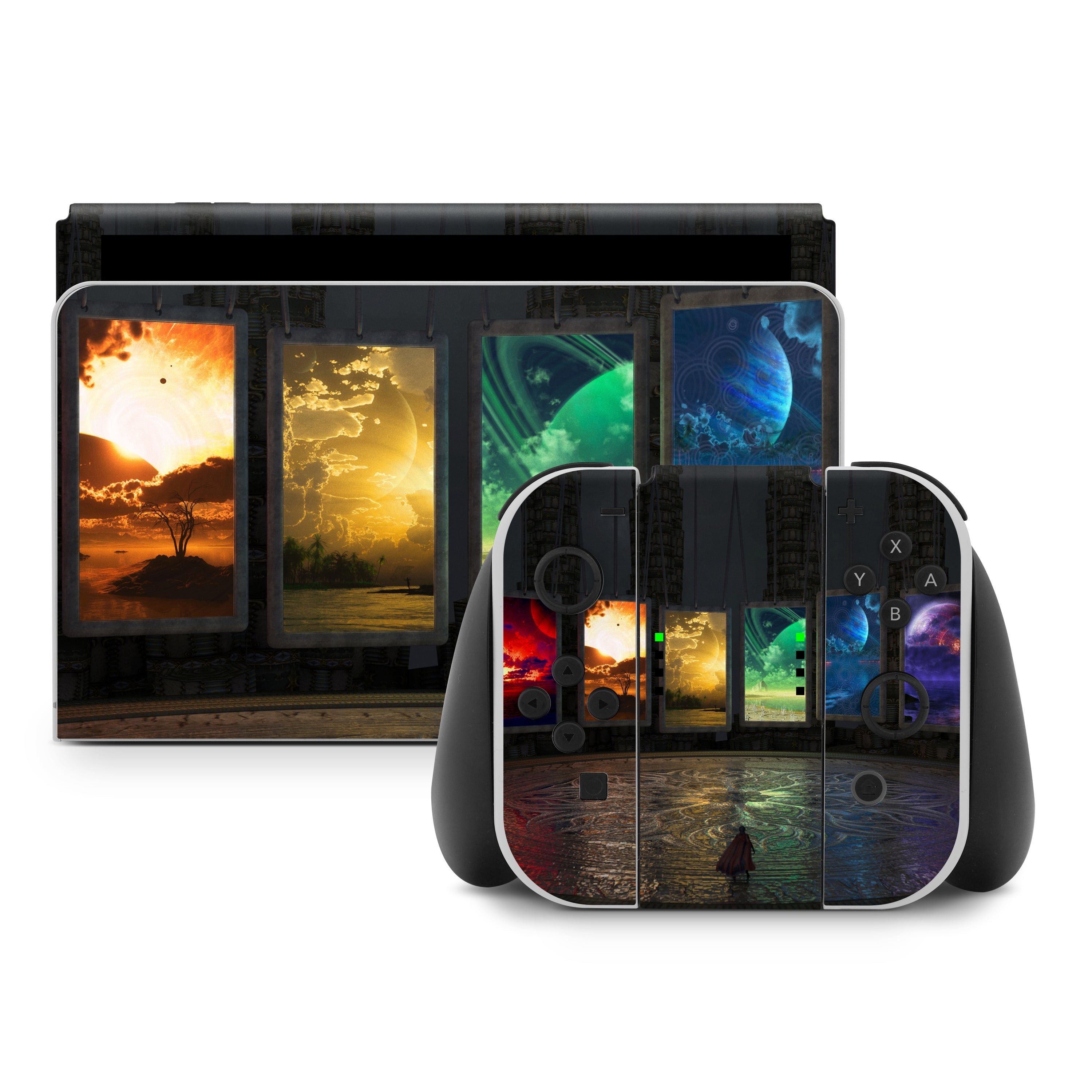 Gaming console with a colorful landscape skin on a white background